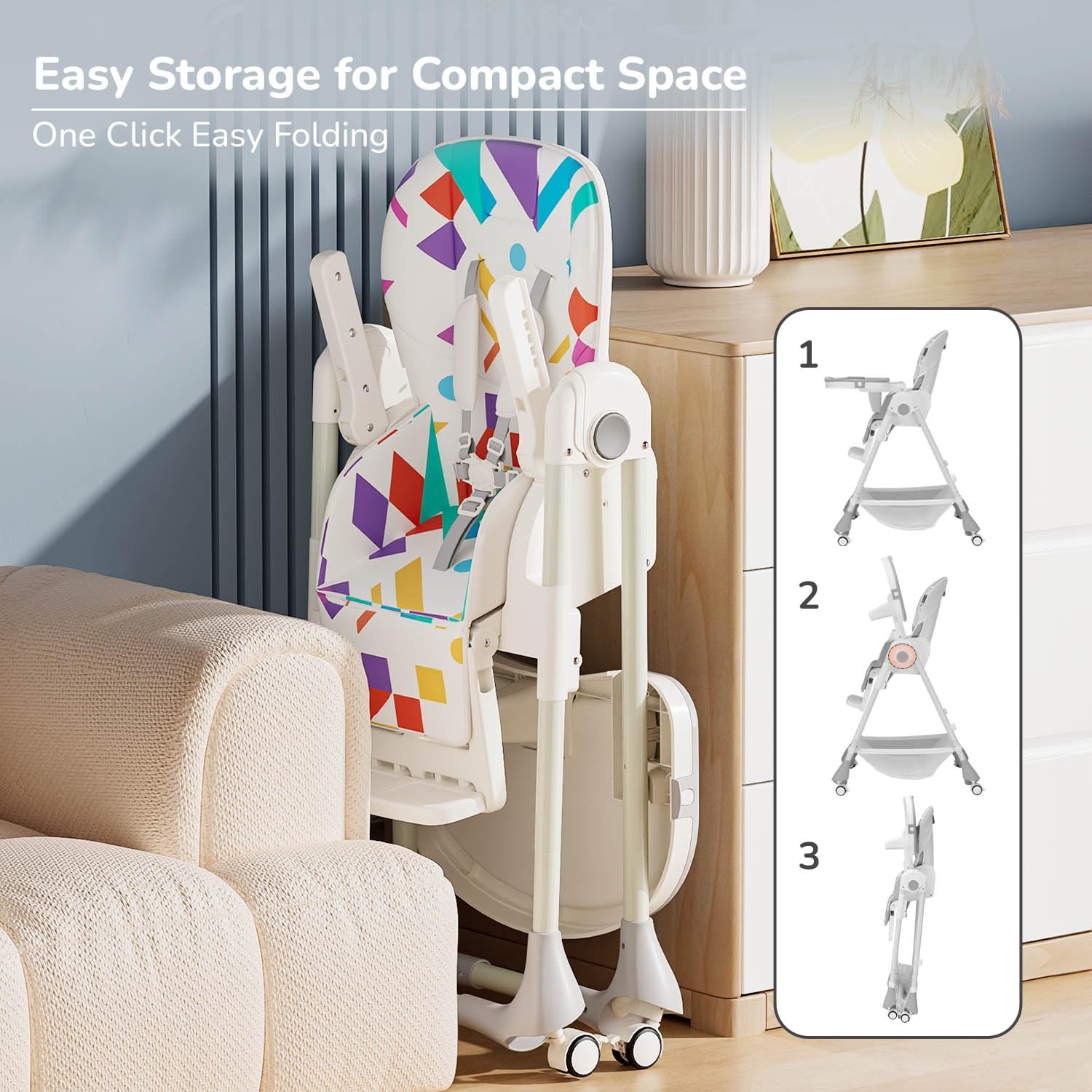 White and grey Marshmallow Lite baby high chair with 6 adjustable height levels, comfortable and secure for infant feeding, featuring a playful bear motif.